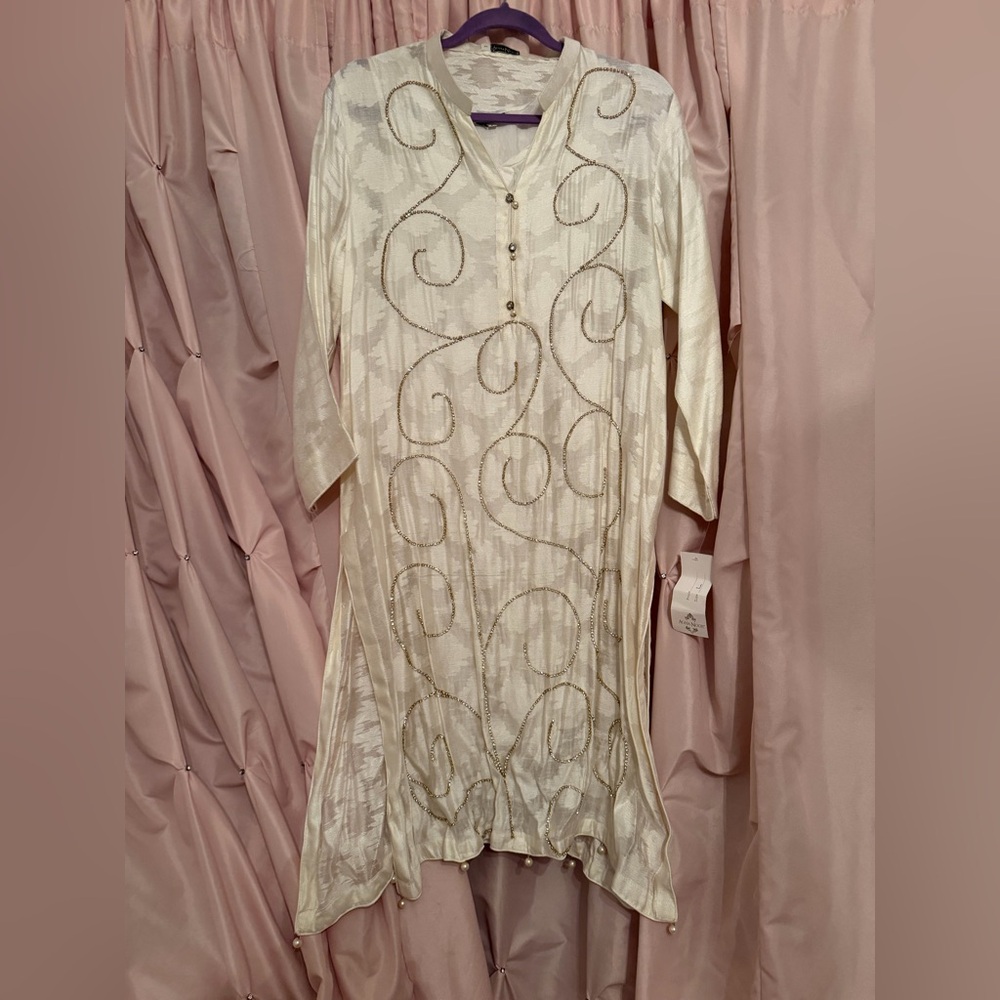 New nwt Agha noor kurta L large ivory off white pearls stones cotton net